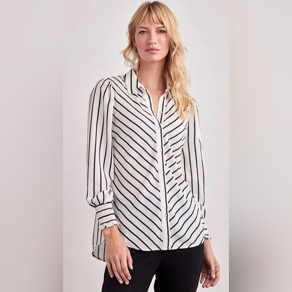 NWOT Ellen Tracy Blouson Sleeve Blouse Large Button Down Smock Striped Business‎
